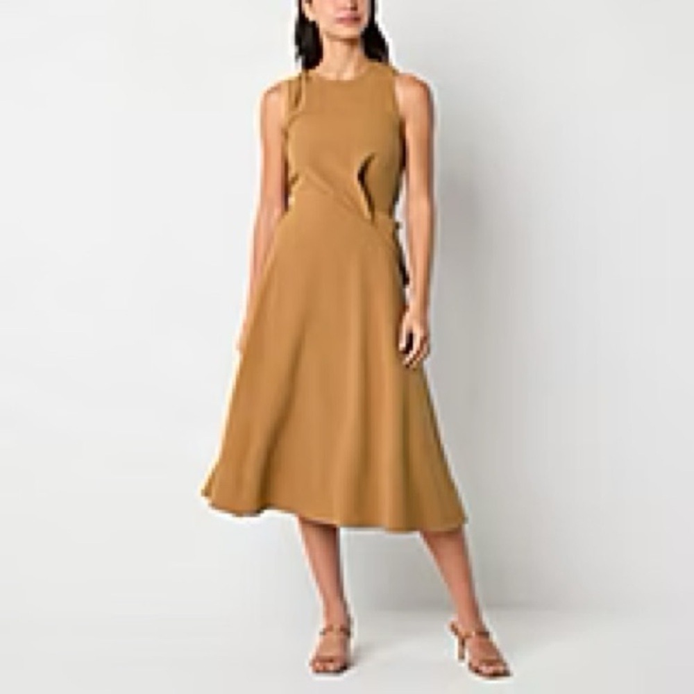 Maia Camel Sleeveless Midi Dress Draped‎ Front Size 14